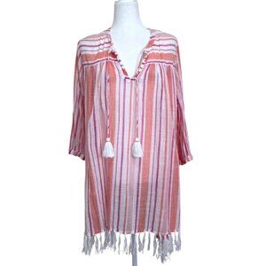 Roller Rabbit Womens Tunic Top Pink Striped Cotton Cover-Up Tassel Fringe XL